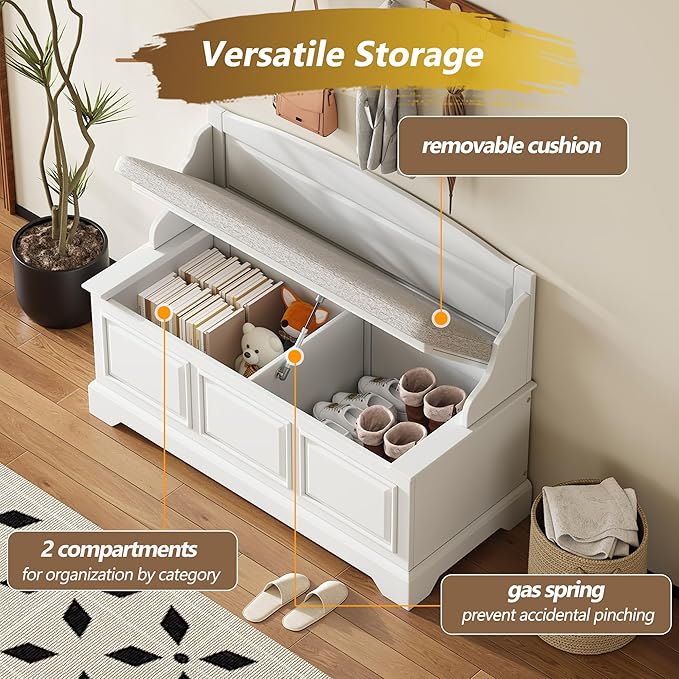 Retro Storage Bench Entryway Bench Shoe Cabinet with Safe Soft-Close Devices, Removable Seat Cushion, Backrest & Hidden Storage Space for Hallway Entryway Living Room Mudroom (White(New))