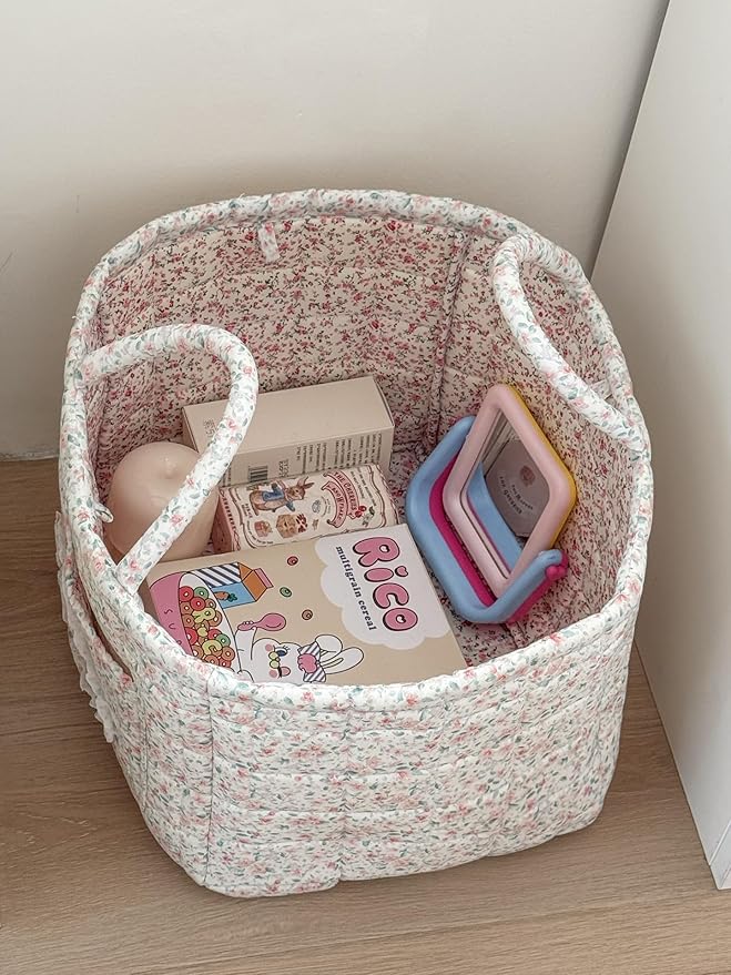 Quilted Laundry Basket Floral Storage Basket Cute Fabric Laundry Baskets Large Boho Foldable Nursery Hamper (Floral03)