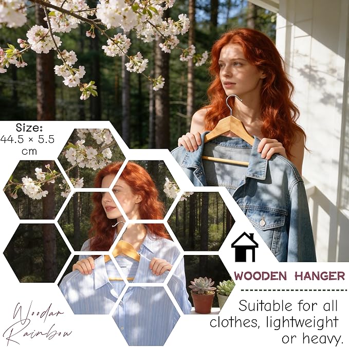 Luxury Wide Shoulder Wooden Suit Hangers with Pants Bar, Solid Wood Jacket Clothes Hangers Smooth Finish for Sweater Dress Pants Sport Coats (Natural, 6 Pack)