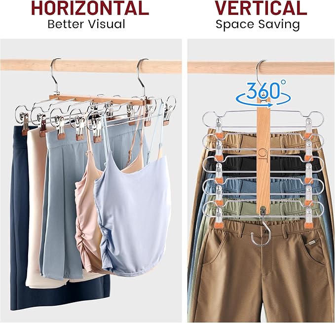 2 Pack Skirt Hangers with Clips, Space Saving Beechwood 5 Tier Pants Hangers with 360° Swivel Hook, Closet Organizer for Skirts, Pants, Tank Top-College Dorm Room Essentials (Wood Color)