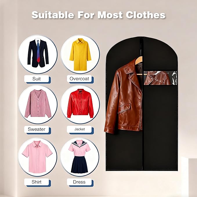 Garment Bag for Storage, Travel, and Dustproof, 40, 48, 60 inches Long, Washable Suit Cover for T-shirts, jackets, suits, and coats, non-woven (black, 24" x 40"-3pcs)