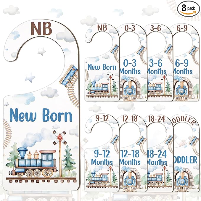 Baby Closet Dividers 8PCS, Retro Train Themed Wooden Double-Sided Clothes Size Hanger/Organizer from Newborn to Toddler for Nursery Decor Baby Shower Birthday Gender Reveal Party Gift