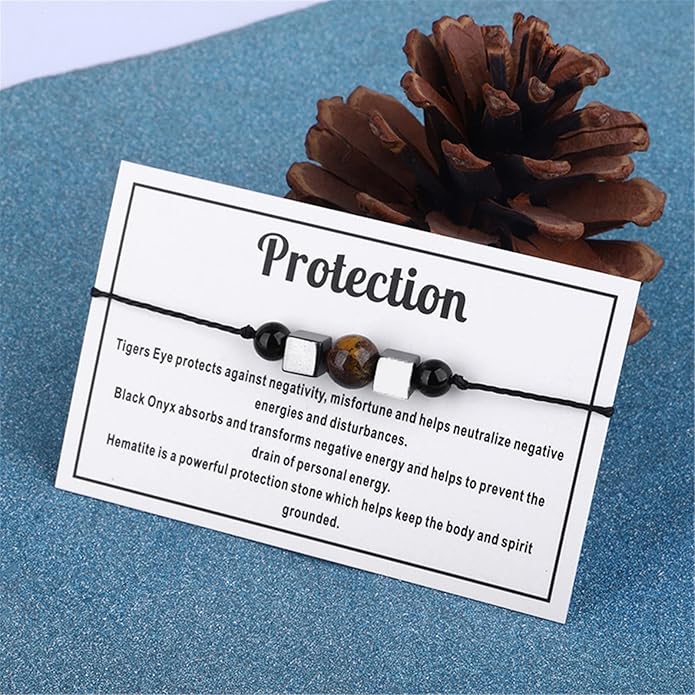 Caiyao Chakra Crystal Tiger Eye Bead Bracelet with Wish Card for Women Adjustable Spiritual Stone Braide String Bracelet Yoga Meditation Jewelry Gift