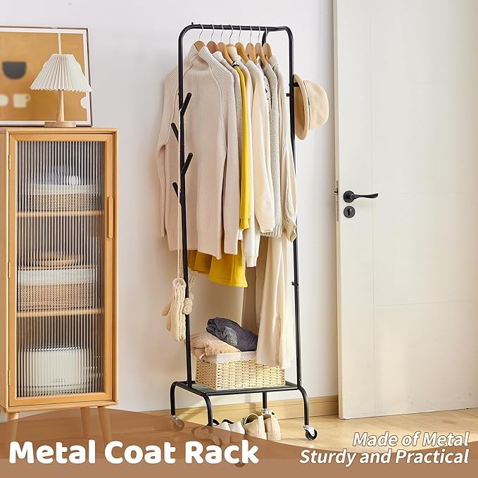 FILWH Rolling Coat Rack with Storage Shelf Freestanding Coat Rack Hall Tree with 6 Hooks for Entryway, Bedroom Metal Clothes Hanger Stand for Hats, Jackets, Bags,Shoes (Black, Single-layer)