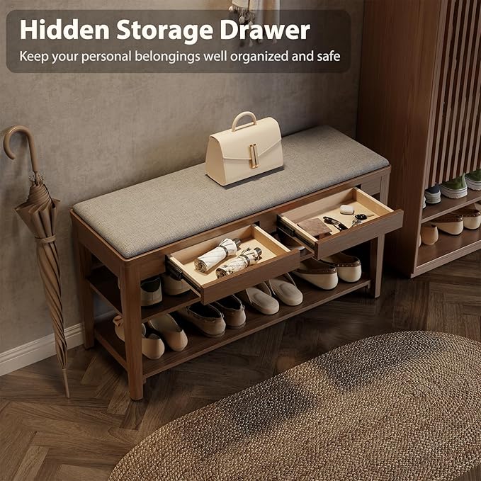 Shoe Bench with Storage, Wooden Shoe Storage Bench with Cushion&Hidden Drawer, 2-Tier Shoe Rack Bench for Entryway, Mudroom, Hallway