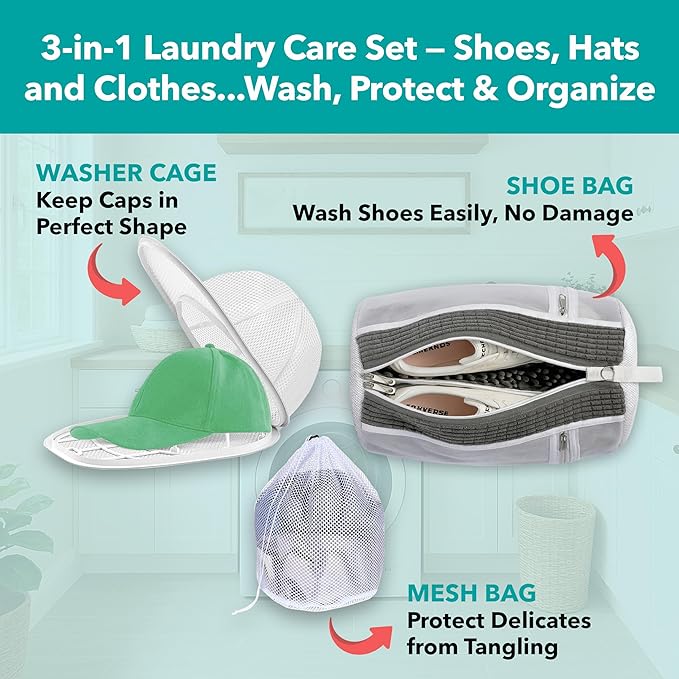 Hat Washer Cage Set – Baseball Cap Washer for Washing Machine or Dishwasher, Protects Flat & Curved Hats, 1 Pack White + Shoe Washing Machine Bag (Grey) & Mesh Laundry Bag