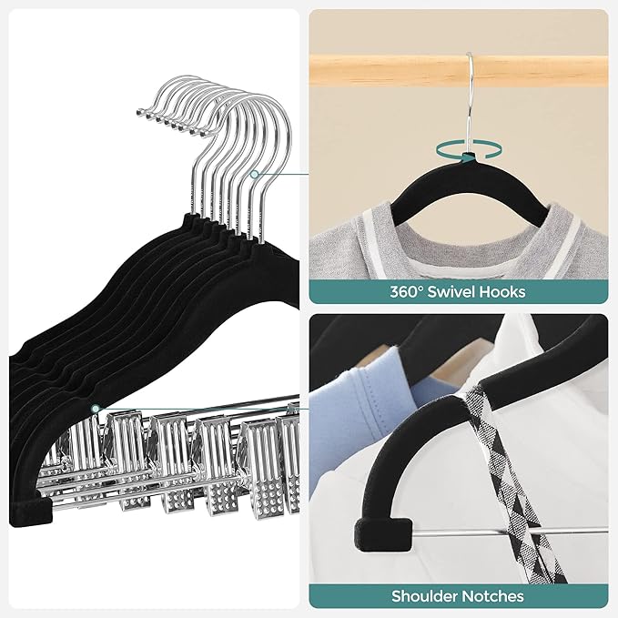 SONGMICS 30 Packs Baby Pants Hangers with Clips, Kids Hangers with 6 Clothes Dividers, Non-Slip Children’s Clothes Hanger, Black UCRF013B30