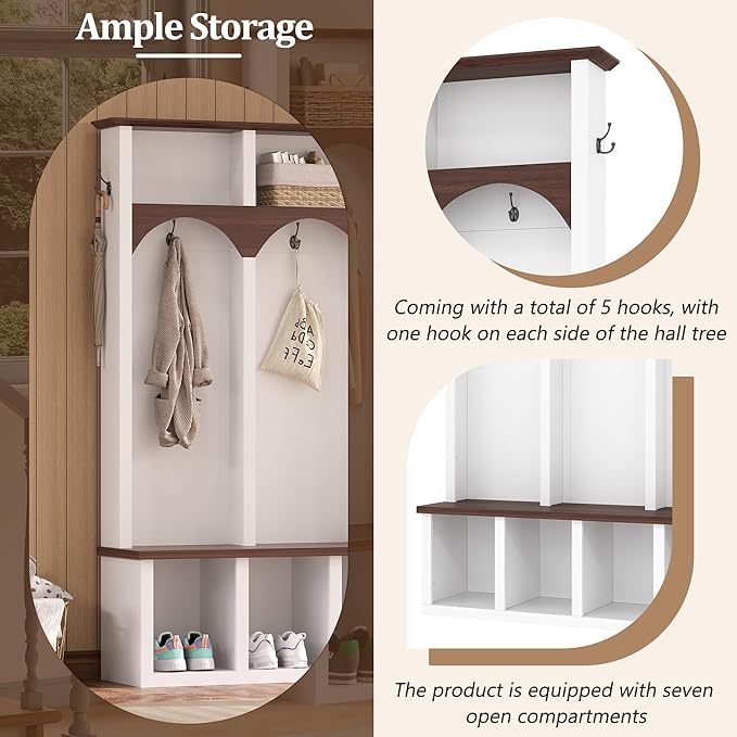 Farmhouse 59" Wide Hall Tree with 5 Black Hooks and Arched Design, Wood Grain Bench with Open Compartments, 4-in-1 Hallway Shoe Cabinet for Mudroom, Living Room (White-9.9)
