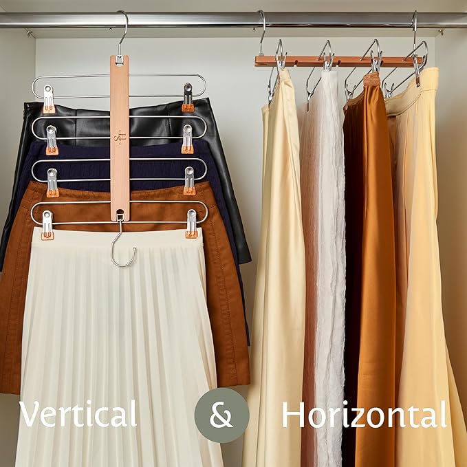 HANGSAGE Skirts Hangers, 2-Pack Space-Saving Beechwood & Metal Skirt Holder, 4 Tiers, 360° Swivel Hook & Adjustable Multi-Clip Design, Elegant Closet & Wardrobe Organizer
