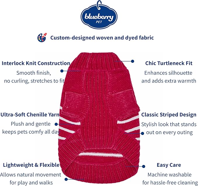 Blueberry Pet Cozy Soft Chenille Classy Striped Dog Sweater in Hot Pink, Back Length 16", Pack of 1 Clothes for Dogs