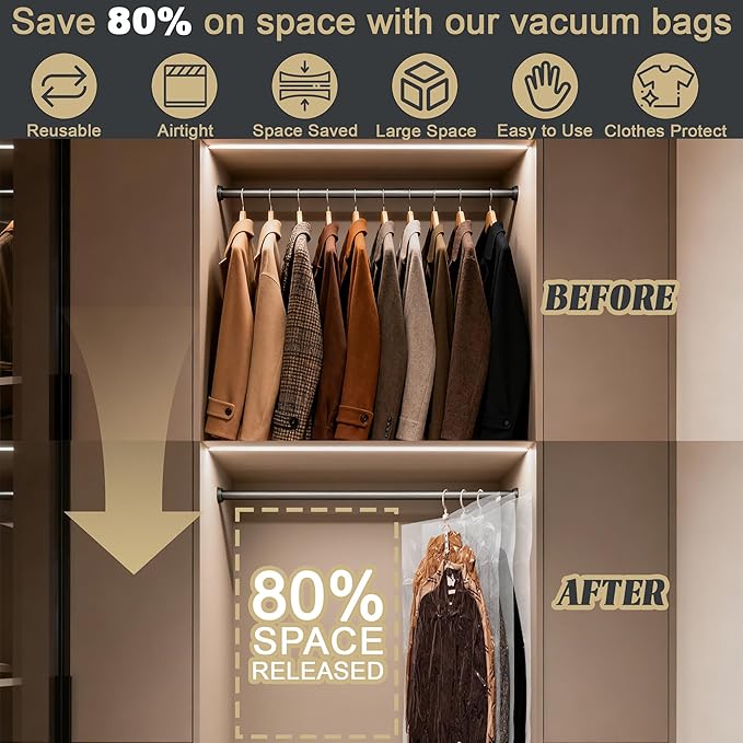 Hanging Vacuum Storage Bags,Hanging Vacuum Sealer Storage Space Saver Bags for Clothes, Suits, Coats, Dresses or Jackets, Reusable Compressed Vacuum Bags Closet Organizers,5 Pack(3 Long,2 Short)