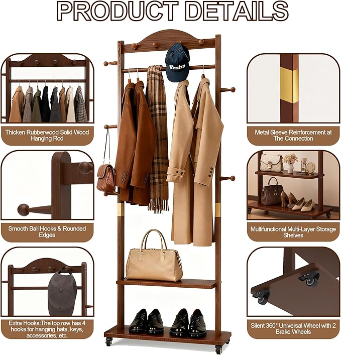Coat Rack Freestanding Clothing Rack with Wheels - Heavy Duty Clothes Rack with 2 Shelves, Wooden Coat Hanger Stand with 4 Top Hooks & 5 Side Hooks for Entryway Hallway Living Room Office