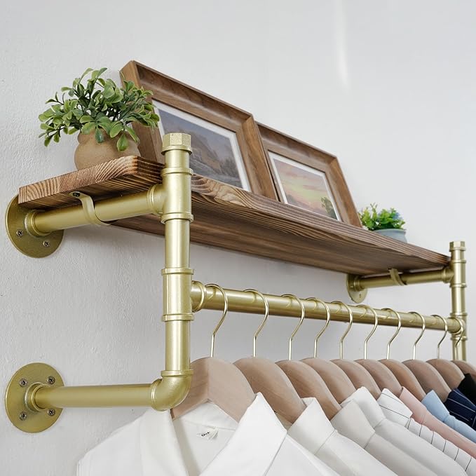 WEBI Wall Mounted Clothes Rack with Shelf,32" Industrial Pipe Clothing Rack with Shelf with Hanging Rod,Heavy Duty Iron Garment Rack Bar,Retail Display Clothes Rod for Laundry Room,Closet,Gold
