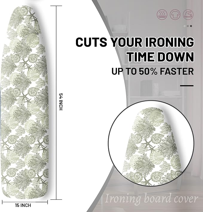 Extra Thick Ironing Board Cover and Pad, Coastal Summer Beach Coral Starfish 15x54 Ironing Board Cover, Resist Scorching and Staining,Elastic Edges,Seaside Conch Nautical Green White