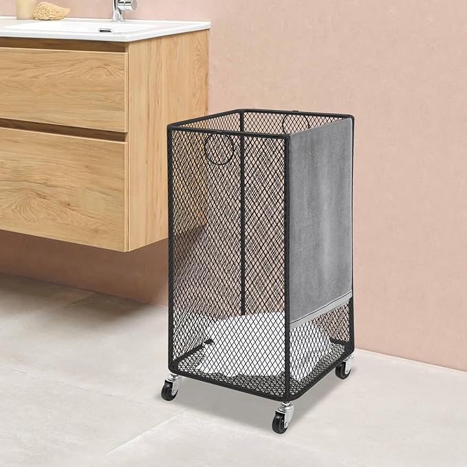 Laundry Basket on Wheels, Large Rolling Laundry Hampers, Stackable Storage Cart with Handles Removable Wire Organizer Baskets Clothing Sorting Rack (Black, Square)