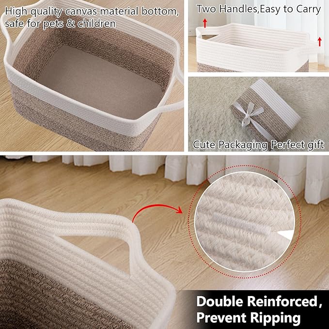 OIAHOMY Woven Storage Basket for Shelves, Rectangle Cotton Rope Baskets for Organizing, 13 x 10 x 9 in, Storage Bins for Dog Toys,Towel,Books,Gift, Gradient Brown