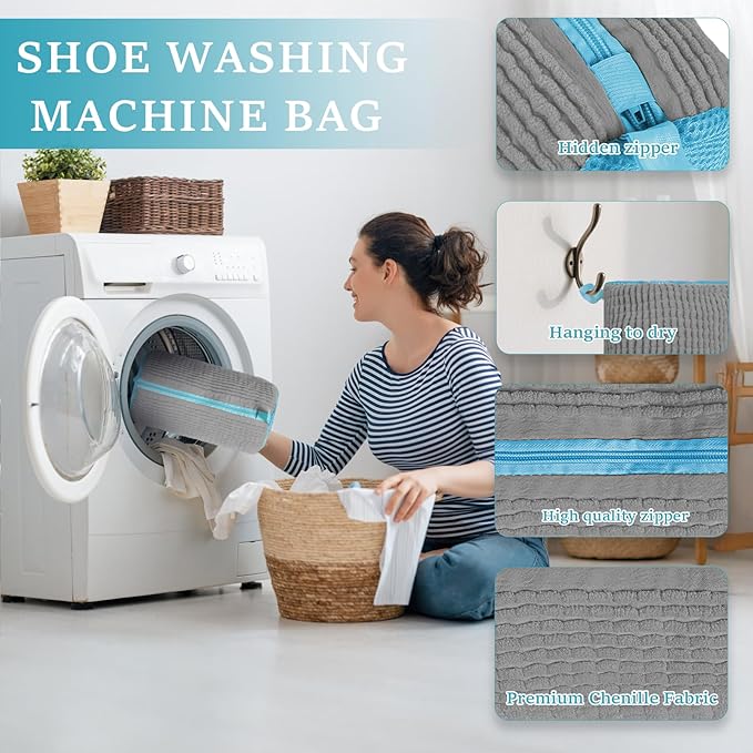 XXL Shoe Washing Machine Bag - 2 Pcs Shoe Laundry Bag for Washer and Dryer, Reusable Shoe Cleaning Bag for All Shoe Sizes,360° Deep Clean for Sneakers Tennis Shoes Running Shoes,Include 1 Brush (Grey)