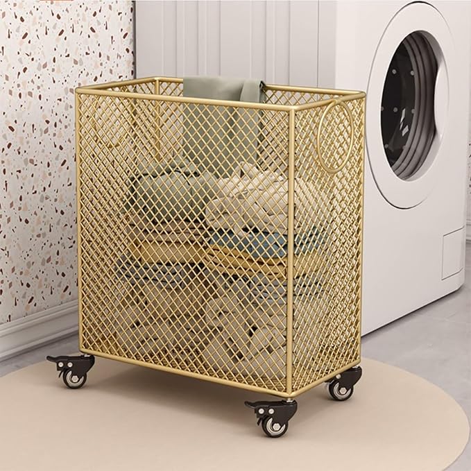 Gold Metal Basket with Wheels - Rolling Laundry Hamper Cart - Yoga Mat Storage Rack - Wire Basket with Wheels