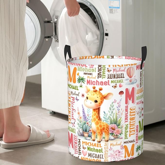 Personalized Giraffe Laundry Basket For Baby Kids Boys Girls Adult Custom Hamper Basket With Name For Bathroom Bedrooms Collapsible Baby, Dirty Clothes Hamper With Handles