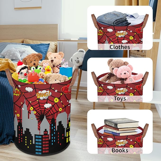 Boys Laundry Hampers for Bedroom Spider Web Collapsible Sturdy Dirty Clothes Basket with Handles for Kids Room Bathroom Living