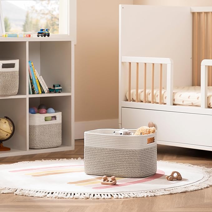 UBBCARE 4 Pack Storage Baskets for Organizing, Shelf Baskets with Handles, Woven Storage Baskets for Bookcase/Cube Shelf/Closet, 14.5"L x 9.8"W x 9"H, White&Light Brown