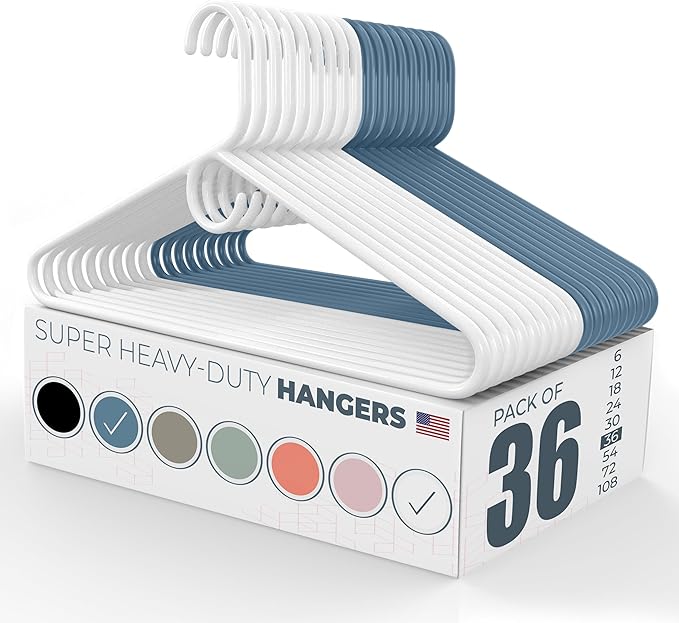 Neaties Super Heavy Duty Clothes Hangers 36 Pack – Made in the USA - 10lb Capacity, Thick Plastic Hangers for Pants, Coats, Jackets, Jeans and Adult Clothing – White & Blue