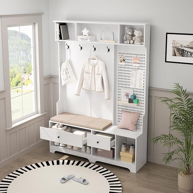 All-in-One Design Hall Tree with Removable Linen Cushioned, Entryway Bench, Coat Rack, Storage Shelves, DIY Pegboard, 4 Hooks, Multi-Purpose Hall Tree for Hallways Living Room
