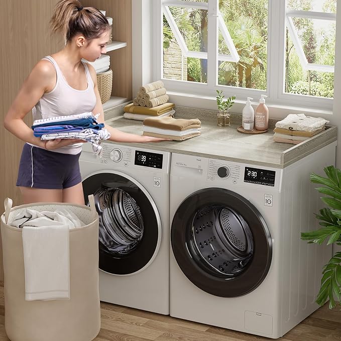 Aheaplus Washer and Dryer Countertop, Laundry Room Organization with Non-Slip Pads, Wood Shelf Topper with Round Corner Edge Rails, Folding Organizer for Laundry, 54" W x 27.5" D, White Oak