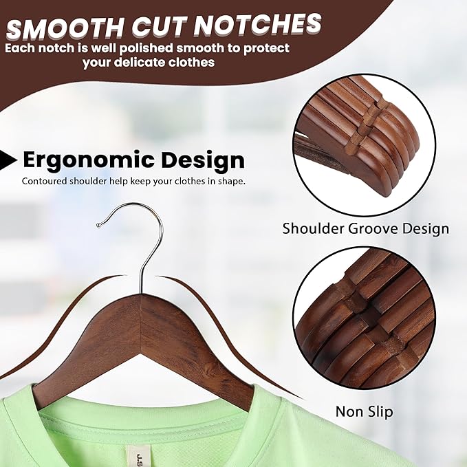 Wooden Hangers Premium Natural Wood Hanger Well Polished Ergonomic Design & Sharply Cut Notches with Swivel Hook (Brown, Pack of 30)