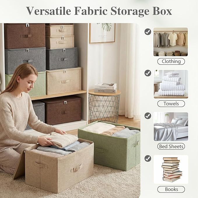 ANMINY Storage Bins with Zipper Lids 51.9 Qt Lidded Fabric Storage Boxes Baskets Cubes with Handles Collapsible Washable Cotton Linen Closet Shelf Clothes Organizer - Gray, Extra Large