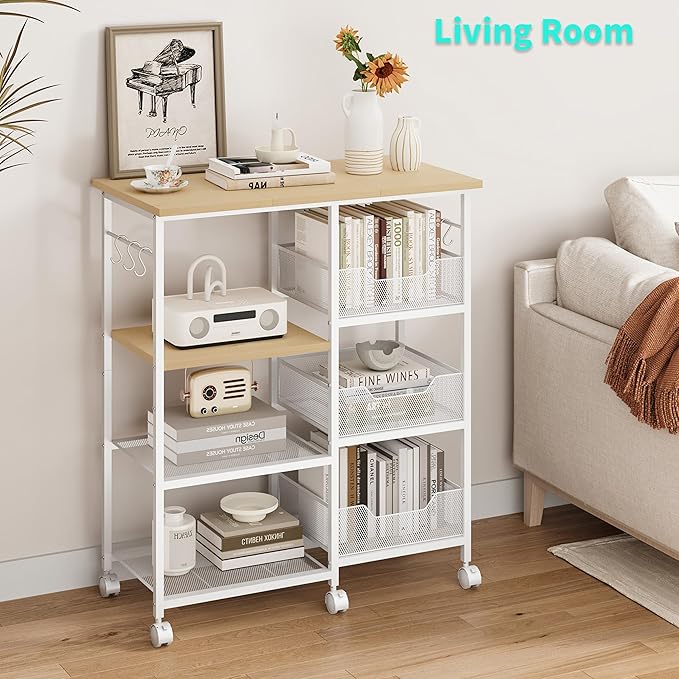 HapiRm Rolling Kitchen Carts with Storage - Microwave Table Stand with 6 Hooks & 3 Baskets, kitchen Island Cart on Lockable Wheels, 28.3" L × 14.6" W Bakers Rack Cart for Dining Room Coffee Bar Office