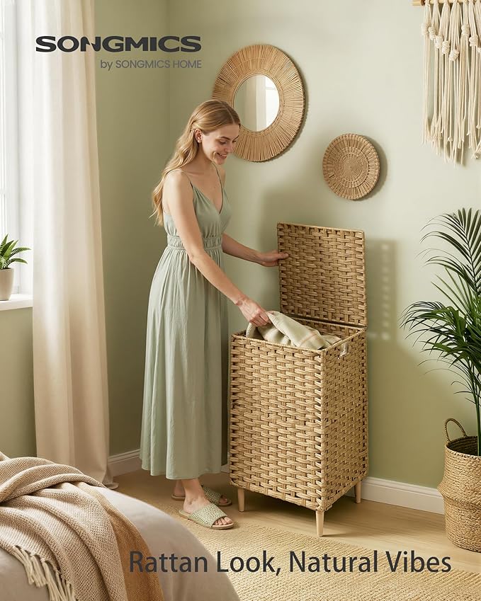 SONGMICS Laundry Hamper with Lid, 25 Gal. (95 L) PE Rattan Laundry Basket with Lid and Handles, Natural Material,Removable Machine Washable Liner, Goose Yellow ULCB221YE01