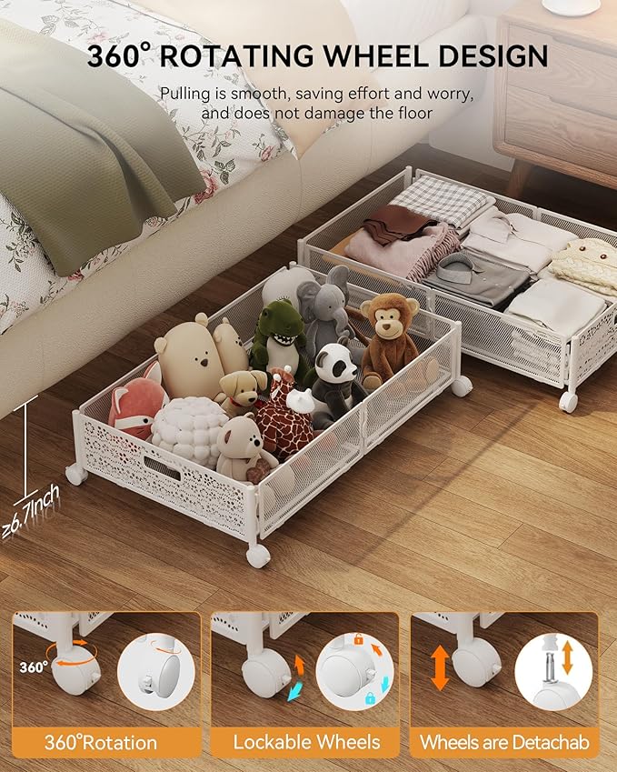 Under Bed Storage with Wheels, Foldable Pattern Carved Metal Under The Bed Storage, Tool-Free Assembly Underbed Storage, 60L Underbed Storage for Bedroom Clothes Blankets Shoes Toys