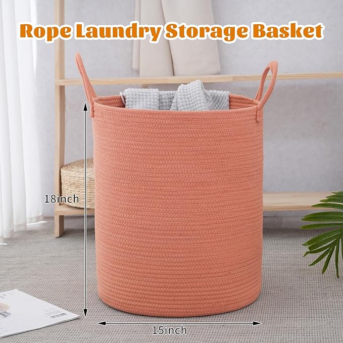 Woven Basket Nursery Laundry Hamper with Handles, Clothes Storage Organizer, Woven Basket for Boy Room Decor, Toy & Blanket Storage Bin, 15x15x18 Inch,Coral Pink,1pc