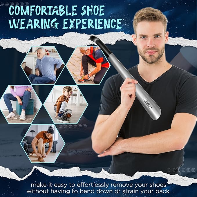 NINEMAX Shoe Horn Long Handle for Seniors Men Women, Metal Long Shoehorn Boot Horn, Stainless Steel Shoe Spoon Helper 16.5''(Pack of 1)