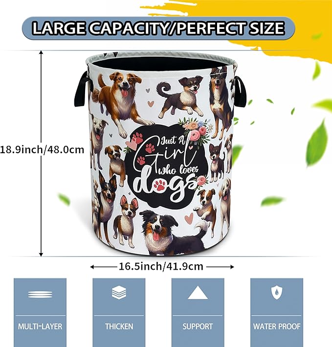 Dog Laundry Basket Puppy Lovers Foldable Waterproof Oxford Cloth Funny Tote Bag Laundry Hamper Clothes Storage Bucket Toy Organizer For Bathroom/Laundry Storage/Bedroom 18.9x16.5 Inch