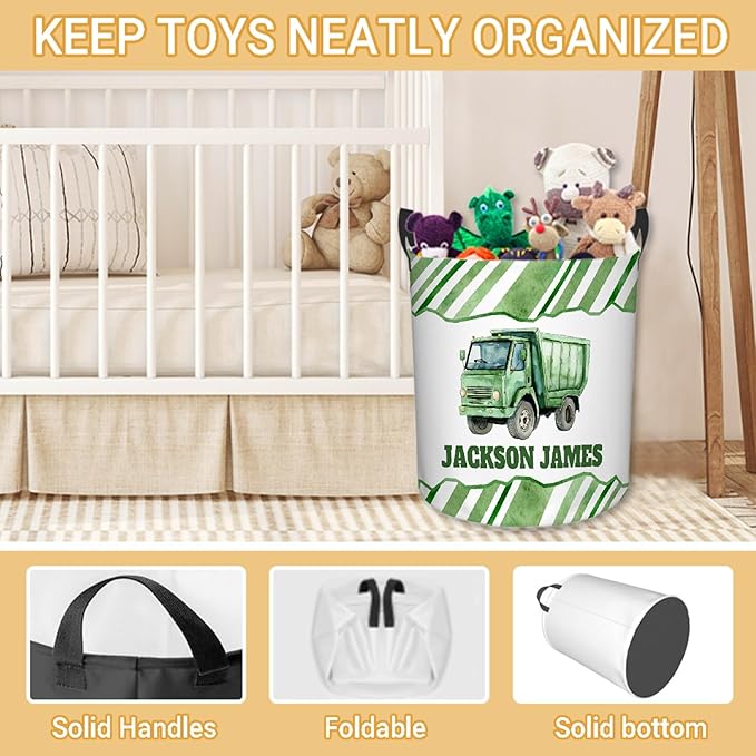 Personalized Garbage Truck Laundry Basket, Custom Laundry Hamper With Name Gifts For Kids Baby Adults, Collapsible Dirty Clothes Storage Organizer With Handles M 19.6 X 15.7in