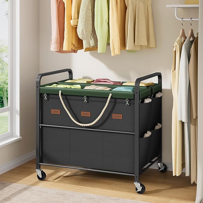 Tajsoon 295L Extra Large Laundry Sorter 6 Section, Heavy Duty Laundry Basket with Lockable Wheels, Laundry Cart with Sturdy Metal Frame, Leather Patchwork Laundry Separated with Removable Bags, Black