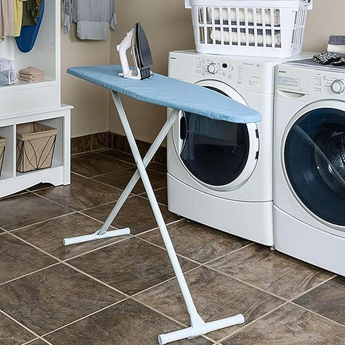 HOMZ Ironing Board, Folding Compact Table with Foam Pad and Cotton Cover, Light Blue - Portable Iron Machine Stand for Pressing Clothes - Ideal for Home, Dorm, and Laundry Room