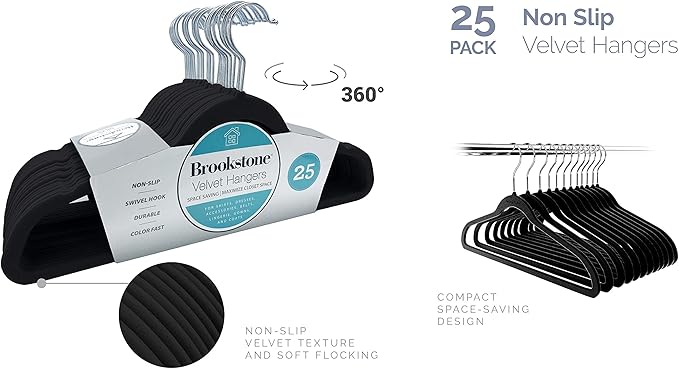 BROOKSTONE [25 Pack] Velvet Hangers, [Non-Slip] 360° Swivel Hook, Lightweight & Slim, Strong & Durable, Space Saving Design, Heavy Duty, Won’t Stain Fabric