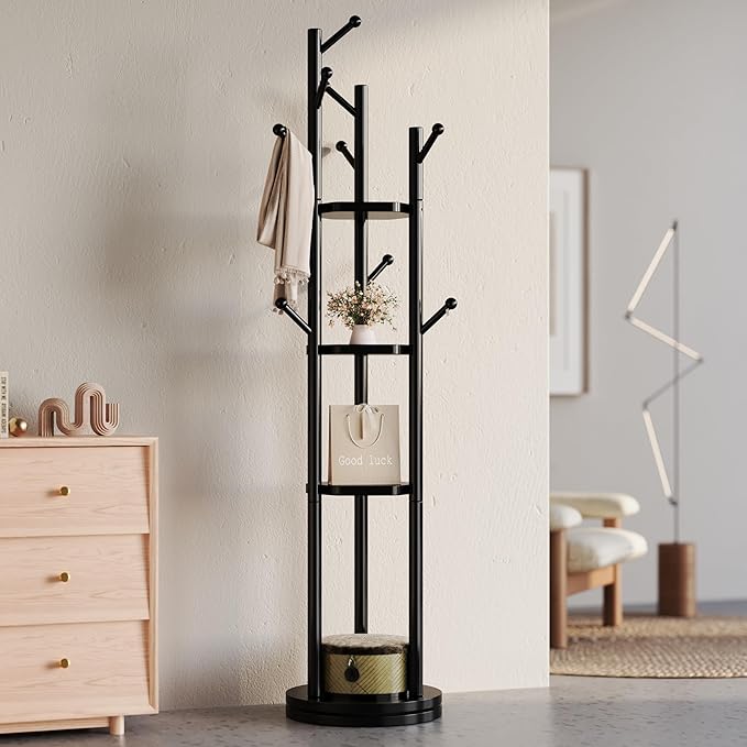 Solid Wood Coat Rack Freestanding, Rotating Coat Rack with 3 Shelves and 9 Hooks, Coat Tree for Bedroom, Entryway, Livingroom, Coat Hanger Stand for Coats, Scarves, Handbags (Black)