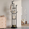 Solid Wood Coat Rack Freestanding, Rotating Coat Rack with 3 Shelves and 9 Hooks, Coat Tree for Bedroom, Entryway, Livingroom, Coat Hanger Stand for Coats, Scarves, Handbags (Black)