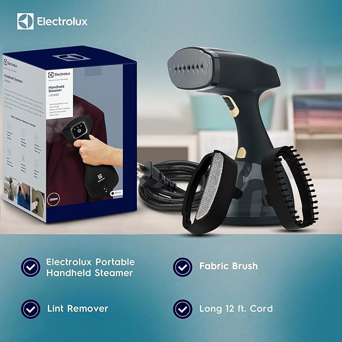 Electrolux Steamer for Clothes, LX15003 Portable Handheld Fabric and Garment Steamer Iron Press Wrinkle Remover with Lint Remover & Fabric Brush – Black