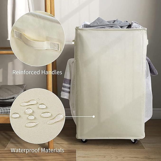 Chrislley 90L Rolling Laundry Basket Large Laundry Hamper with Wheels Collapsible Clothes Hamper Rolling Tall Laundry Storage Cart Foldable Clothes Organizer (Beige)