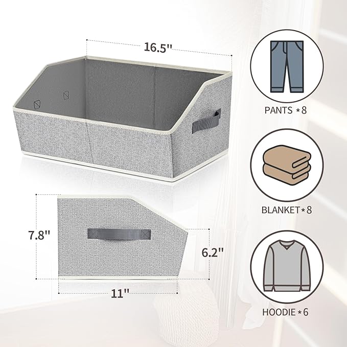 Trapezoid Bins for Organization - 8 Pack Storage Cubes, Decorative Fabric Organizer Bins, Large Baskets for Storage, Linen Storage Organizer for Clothes, Books, Home, Light Gray
