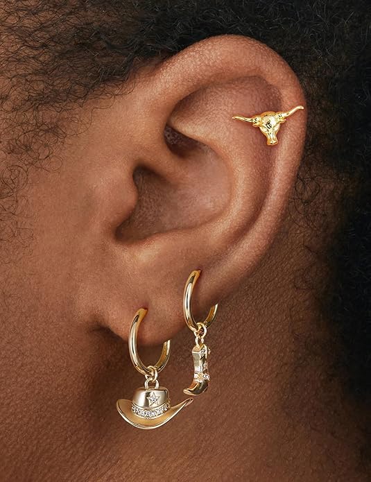 Mameloly Cowgirl Earrings for Women CZ 14K Gold Plated Western Cowboy Hat Dangle Hoop Earrings Cute Jewelry Hypoallergenic