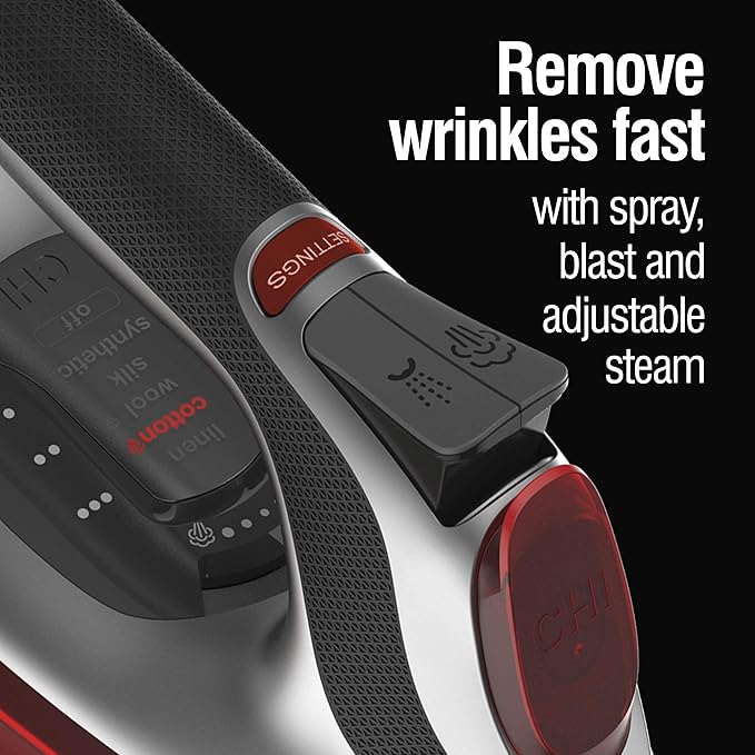 CHI Steam Iron for Clothes with Electronic Temperature Control, Titanium Infused Ceramic Soleplate, 1700 Watts, XL 10’ Cord, 3-Way Auto Shutoff, 300+ Holes, Professional Grade, Silver (13107)