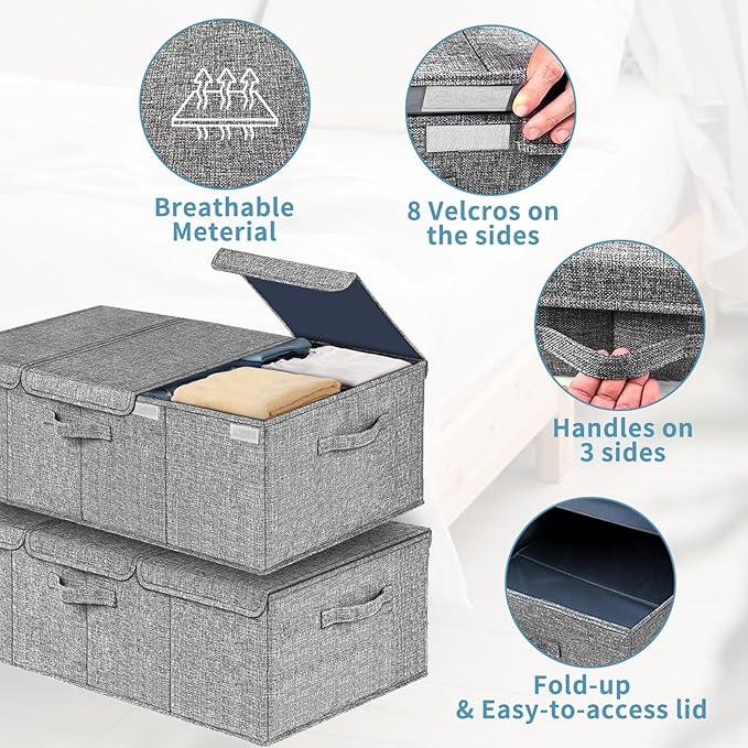 Deep Under Bed Storage Container, 10" Tall Height Underbed Box Bin with Lids 31" Long Large Basket for Under Bed, Bedroom, Dorms, Clothes, Bed sheets, Blankets, 2 Pack, Grey