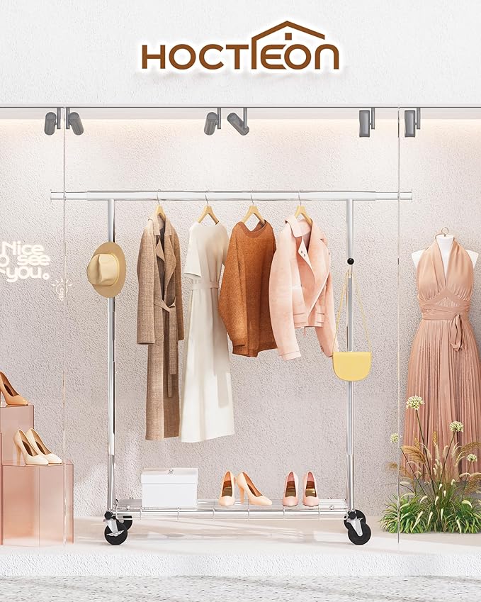Hoctieon 1-Minute Assembly Clothes Rack, 480 lbs Heavy Duty Rolling Clothing Racks with Wheels, Foldable Garment Rack, Extendable Hanging Bar, Adjustable Metal Pole with Hooks, Chrome