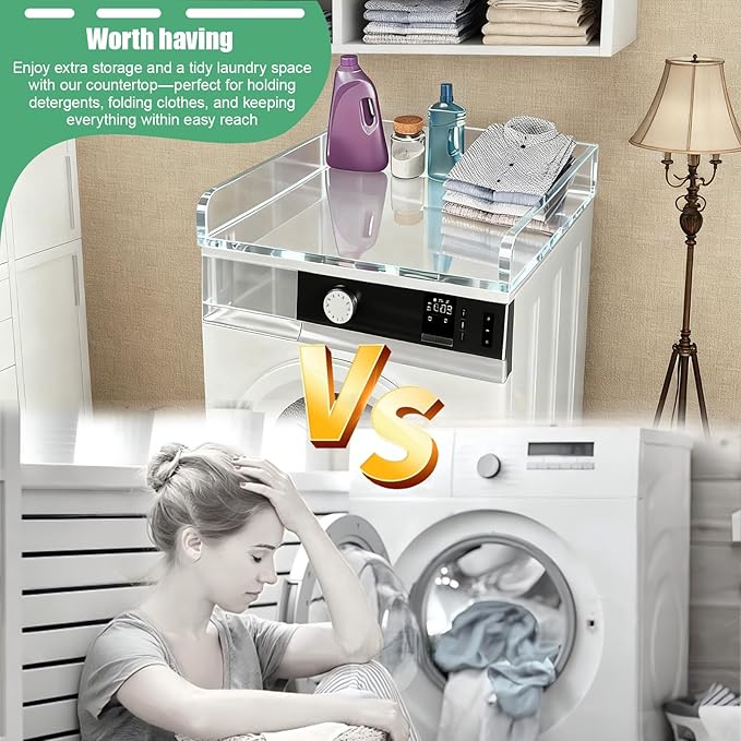 Washer Dryer Countertop, Acrylic Single Laundry Countertop, 27.5″ W*27.5″ D*3.1″ H, Laundry Topper for Washer and Dryer with Non-Slip Mat for One Unit Only Washer or Dryer (Transparent)